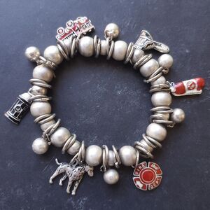 Firefighter Charm Bracelet Gray Silvertone Stretch Fireman First Responder